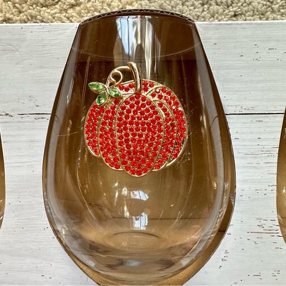 (LAST SET) NWT Haymarket Square Rhinestone Pumpkin Stemless Glasses HALLOWEEN - Picture 4 of 12